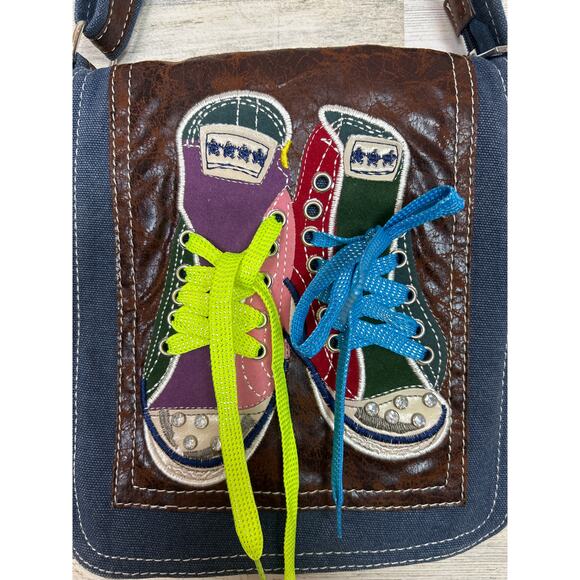 Vintage Y2K jean denim embroidered leather converse boho Crossbody Bag purse - Picture 3 of 8